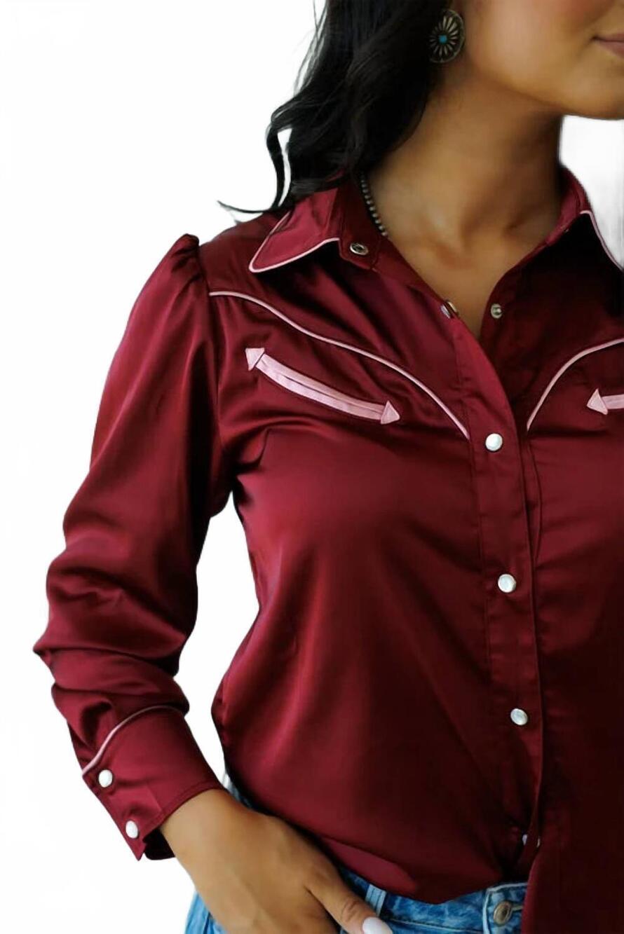 NEW HOWDY HANNY arrowpoint satin western blouse in cabernet